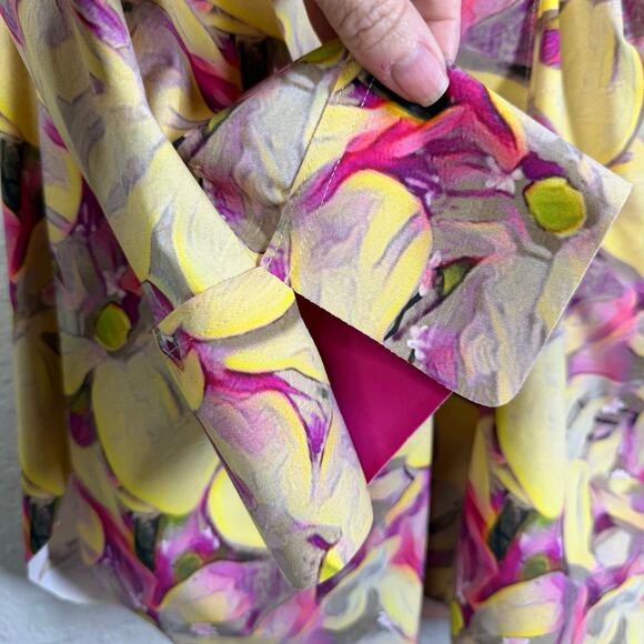 CHIARA BONI Blouse LG Point Collar V-Neck Split Cuffs Ruched Split Cuffs Floral - Picture 9 of 14